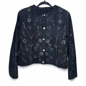 Vintage Embroidered Grunge Preppy Boho Chic Floral Genuine Leather Jacket Small